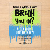 ブルーボーイズバースデーパーティーNeon Graffitiグリーンブルー アクリル招待状 (正面)