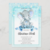 ブルーボーイズベビーエレファントベビーシャワー 招待状 (正面/裏面)