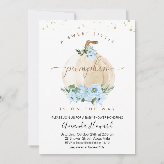 ブルーボーイズリトルパンプキンフローラベイビーシャワー 招待状 (正面)