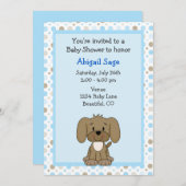 ブルーボーイズ赤ちゃんシャワーにかわいい茶色の子犬 招待状 (正面/裏面)