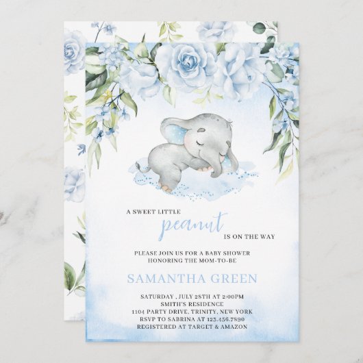 ブルーボーイゾウ赤ちゃんシャワー 招待状 (正面/裏面)