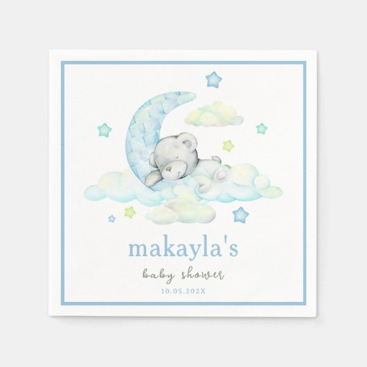ブルーボーイテディベアオンムーンウォーター色ベビーシャワー スタンダードカクテルナプキン (正面)