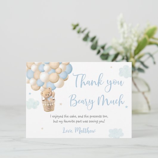 ブルーボーイテディベアホットエアバルーン誕生日 サンキューカード (スタンド正面)