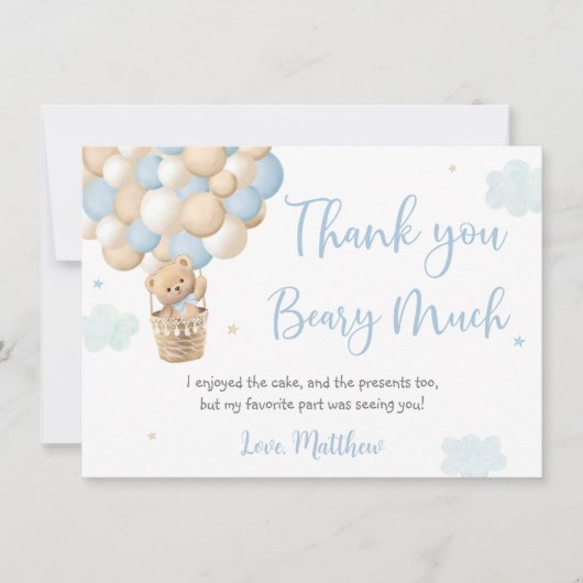 ブルーボーイテディベアホットエアバルーン誕生日 サンキューカード (正面)
