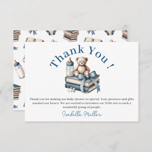 ブルーボーイテディベア赤ちゃんシャワー新しい章が始まる サンキューカード (正面/裏面)
