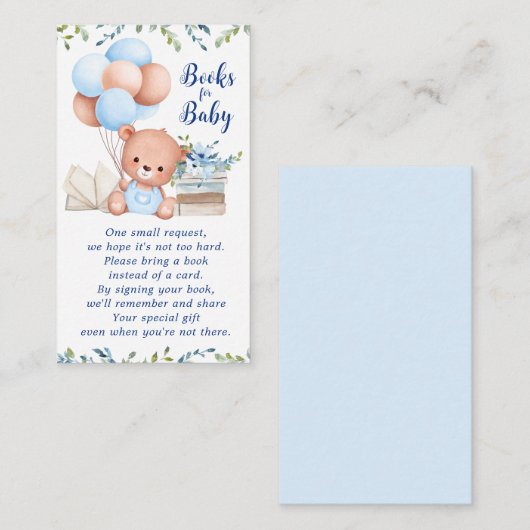 ブルーボーイテディベア赤ちゃんシャワー用ブック エンクロージャーカード (正面/裏面)