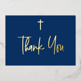 ブルーボーイネーム最初の聖餐式ありがとう金ゴールドクロス 箔招待状