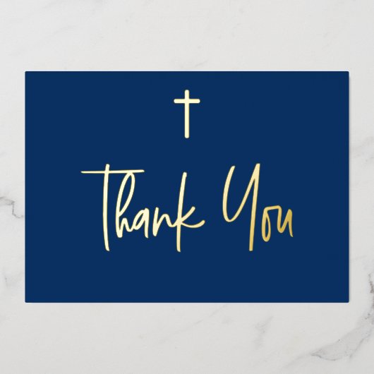 ブルーボーイネーム最初の聖餐式ありがとう金ゴールドクロス 箔招待状 (正面)