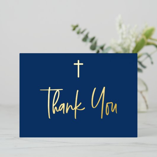 ブルーボーイネーム最初の聖餐式ありがとう金ゴールドクロス 箔招待状 (立ち正面)