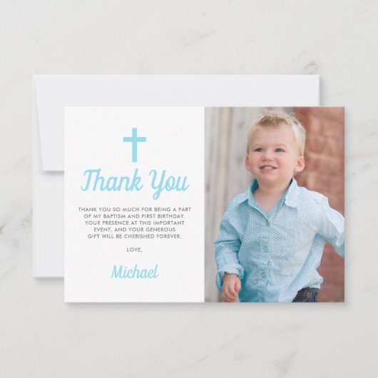ブルーボーイバプティスファースト誕生日写真ありがとう サンキューカード (正面)