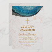 ブルーボーイファースト聖体大理石金ゴールドクロス 招待状 (正面/裏面)