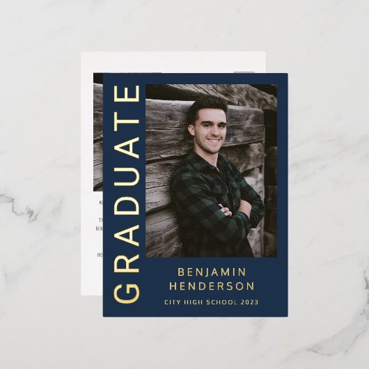 ブルーボーイフォトゴールドフォイル卒業発表 箔招待状ポストカード (正面/裏面)