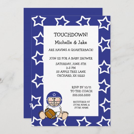ブルーボーイフットボールのベビーシャワーの招待状 招待状 (正面/裏面)