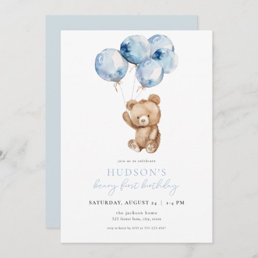 ブルーボーイベアリーファースト誕生日招待状 招待状 (正面/裏面)