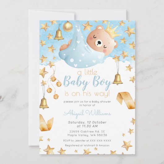 ブルーボーイベア彼の方法で、金ゴールド星ベビーシャワー 招待状 (正面)