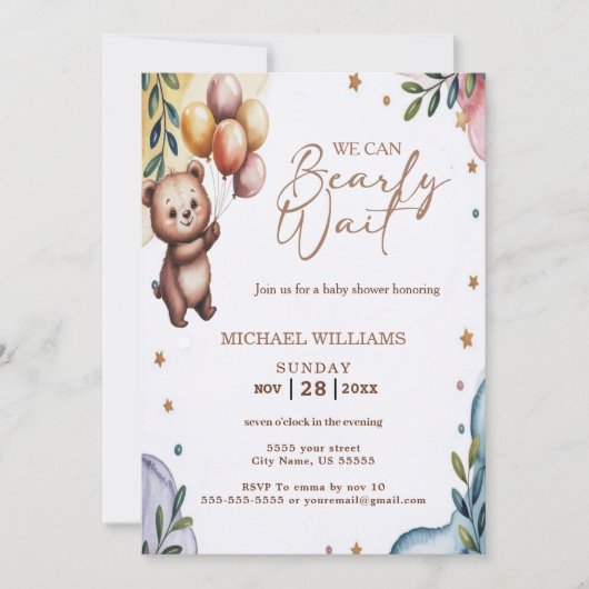 ブルーボーイベイビーシャワー招待状 We Can Bearly Wait 招待状 (正面)