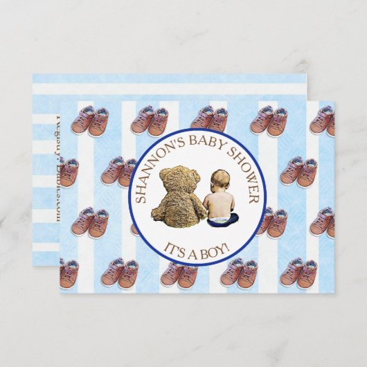 ブルーボーイベビーとテディベア赤ちゃんシャワー 招待状 (正面/裏面)