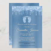 ブルーボーイベビーシャワーグリッタードリップベビー足ズインヴィタ 招待状 (正面/裏面)