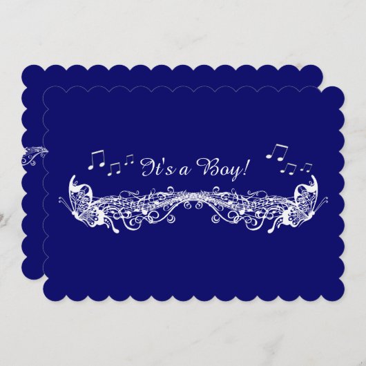 ブルーボーイミュージカルバタフライベビーシャワー招待状 招待状 (正面/裏面)