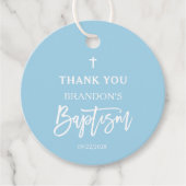 ブルーボーイモダンバプテスムラウンドサンキューメッセージカード フェイバータグ (正面)