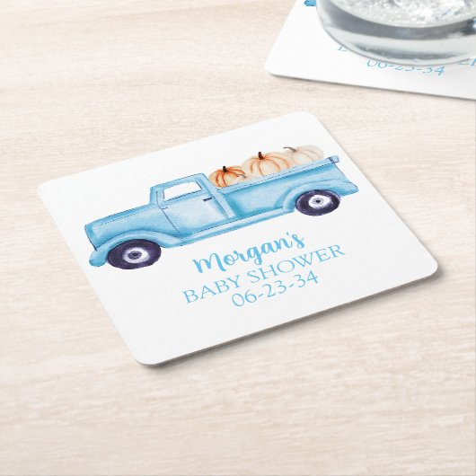 ブルーボーイリトルカボチャかわいい赤ちゃんシャワー スクエアペーパーコースター (アングル)