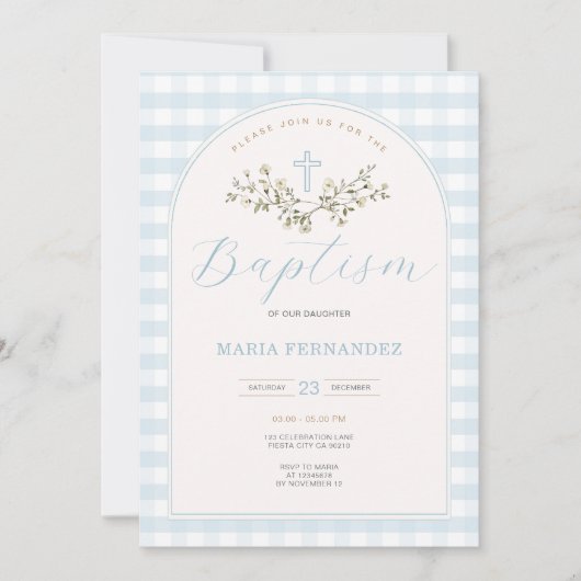 ブルーボーイワイルドフラワーモダンズ《キリスト教》洗礼式や命名式ギンガム 招待状 (正面)