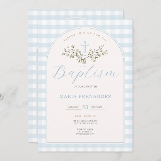 ブルーボーイワイルドフラワーモダンズ《キリスト教》洗礼式や命名式ギンガム 招待状 (正面/裏面)