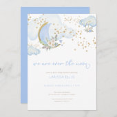 ブルーボーイ我々は月の上にあるベビーシャワー招待状 招待状 (正面/裏面)