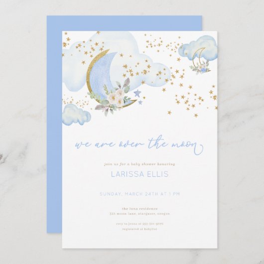ブルーボーイ我々は月の上にあるベビーシャワー招待状 招待状 (正面/裏面)