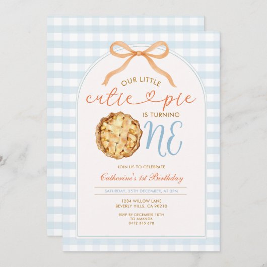 ブルーボーイ私たちの小さなかわいこちゃんパイギンガム1st誕生日 招待状 (正面/裏面)