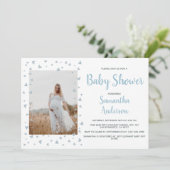 ブルーボーイ赤ちゃんシャワーエレガントほこりっぽいハート写真 招待状 (スタンド正面)