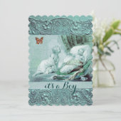 ブルーボーイ赤ちゃんシャワー、蝶、フローラ渦巻き 招待状 (スタンド正面)