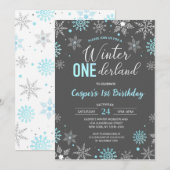 ブルーボーイ ウィンター ワンダーランド スノーフレーク 1歳誕生日 招待状 (正面/裏面)