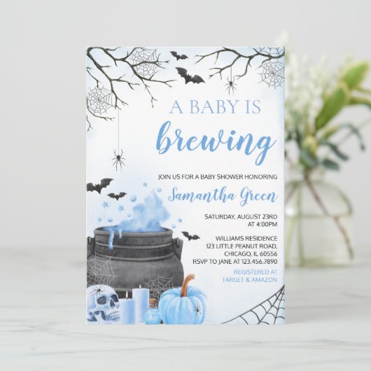 ブルーボーイAベビーはハロウィーンの赤ちゃんシャワーを醸造している 招待状 (スタンド正面)