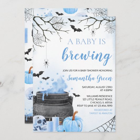 ブルーボーイAベビーはハロウィーンの赤ちゃんシャワーを醸造している 招待状 (正面/裏面)