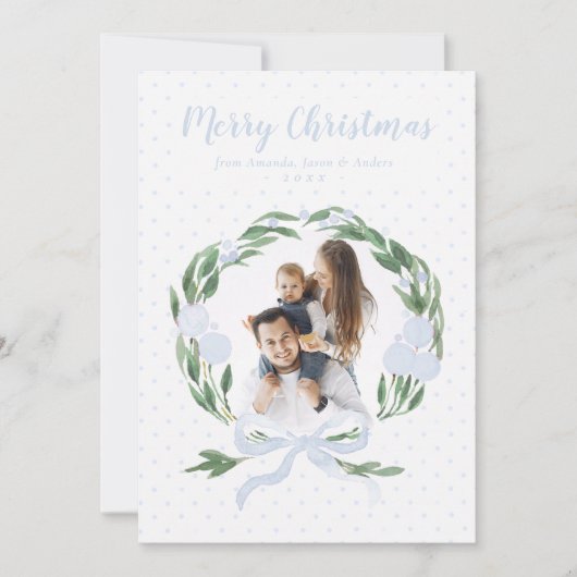 ブルーボーエレガントガーランドリースフォトクリスマスホー シーズンカード (正面)