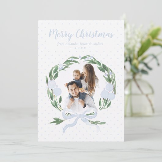 ブルーボーエレガントガーランドリースフォトクリスマスホー シーズンカード (スタンド正面)