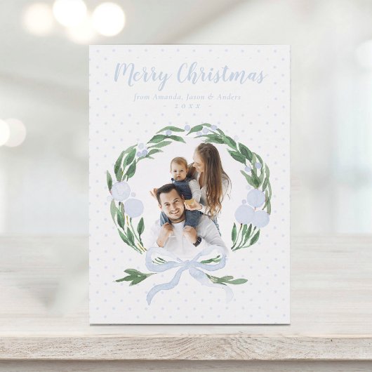 ブルーボーエレガントガーランドリースフォトクリスマスホー シーズンカード