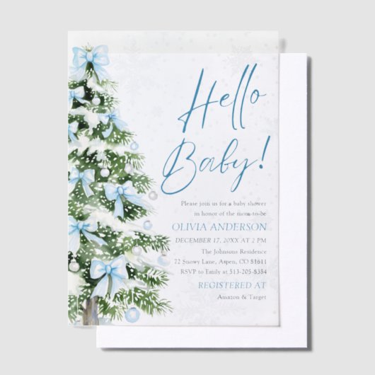 ブルーボーズクリスマスツリーハローベビーベビーシャワー ベラム紙招待状 (オフセット)