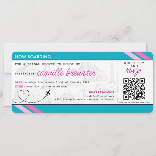 ブルーボーディングパスブライダルシャワー 招待状 (正面)