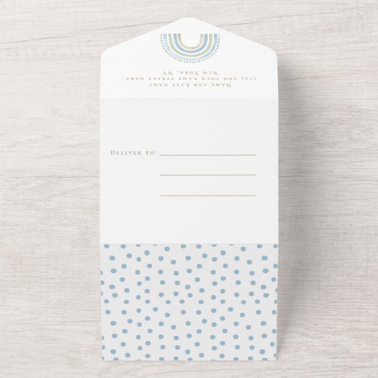 ブルーボーホウォーター色レインボーボーボーイ赤ちゃんシャワー オールインワン招待状 (外側)