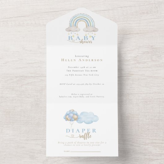 ブルーボーホウォーター色レインボーボーボーイ赤ちゃんシャワー オールインワン招待状 (内側)