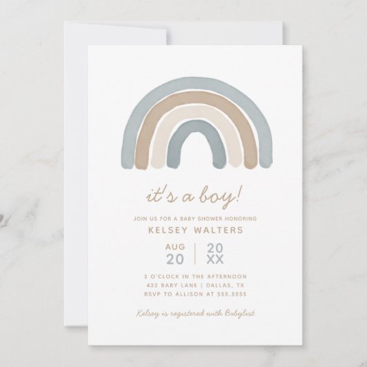 ブルーボーホウォーター色レインボーボーボーイ赤ちゃんシャワー 招待状 (正面)