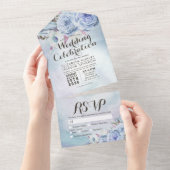 ブルーボーホフラワーズフェザー素朴ウッドウェディングRSVP オールインワン招待状 (貼ってはがせる)