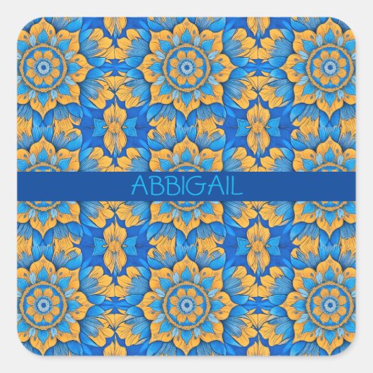 ブルーボーホフローラルパターンデザイン スクエアシール (正面)