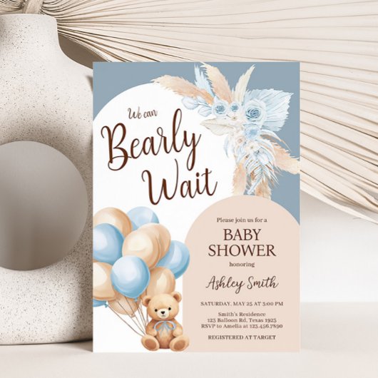 ブルーボーホベアーバルーンベビーシャワー 招待状