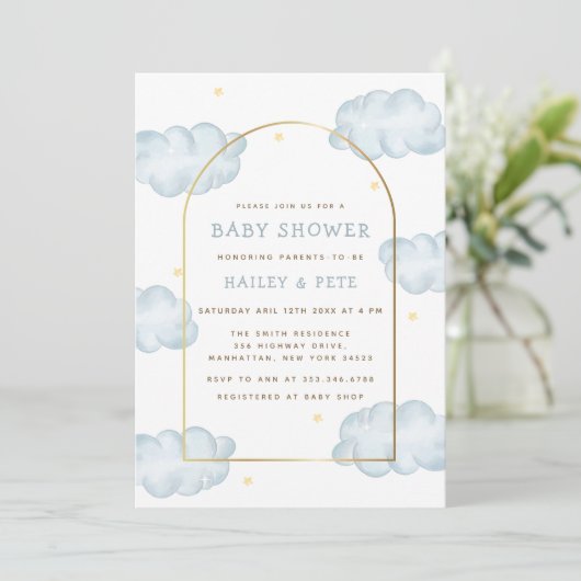 ブルーボーホムーンスタークラウドアーチボーイベビーシャワー 招待状 (スタンド正面)
