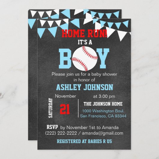 ブルーボーユニークイ野球ベビーシャワー招待状 招待状 (正面/裏面)