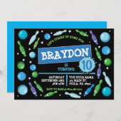 ブルーボーリングボールネオンバースデーパーティーの招待 招待状 (正面/裏面)