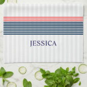 ブルーボー航海のトいかりアンドコーラル&ブルーストライプズ キッチンタオル (折り畳み)